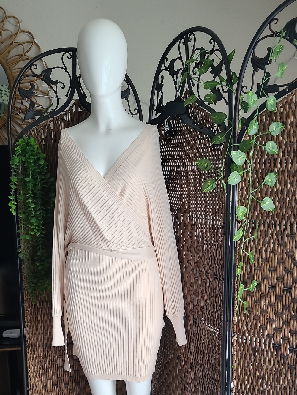 Chic Wrap Ribbed Knit Dress in Blush